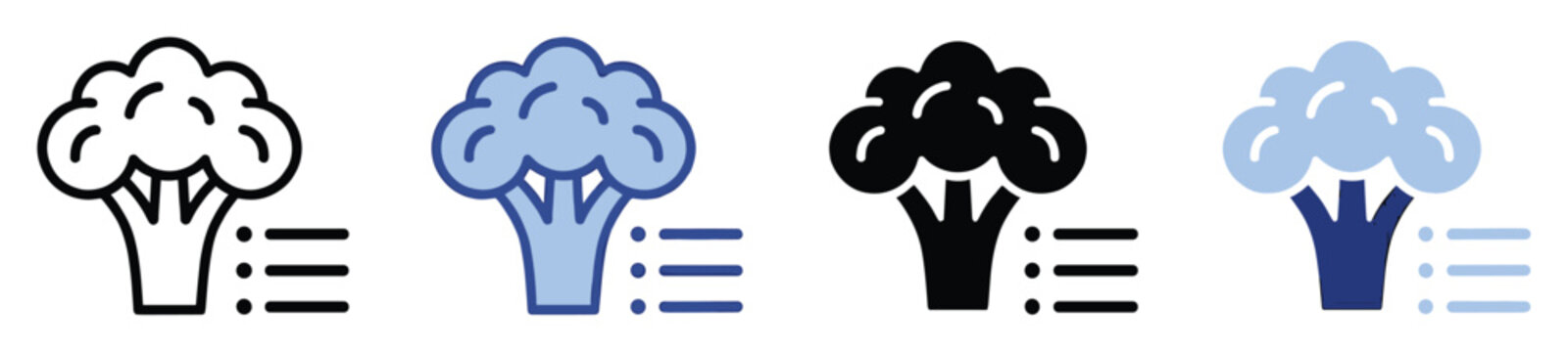 Set of broccoli and list icons depicting healthy food menu options or dietary information