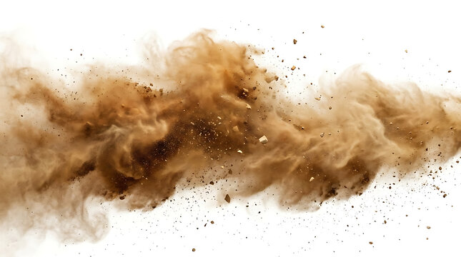 Explosion of Dust Particles: A dynamic cloud of fine brown dust particles explodes outward, creating a swirling vortex of motion against a stark white background.