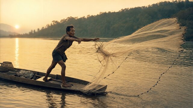 Fisherman casting net from wooden boat in Mekong river at sunrise. Asian man working on water during golden hour.