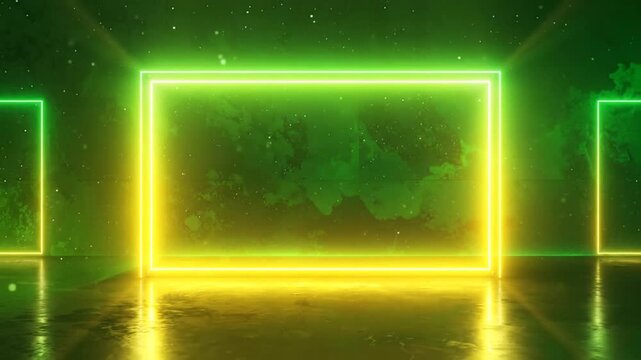 A glowing rectangular frame set against a dark green background