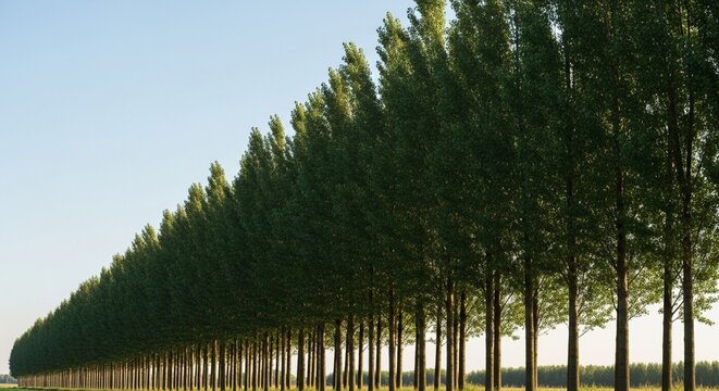 A Row of Poplar Trees Creating a Natural Windbreak Under a Vast Pale Blue Afternoon Sky