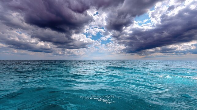 Turbulent Seas Ahead: Dark storm clouds gather over a vast expanse of turquoise ocean, with choppy waves hinting at the brewing tempest, a dramatic portrayal of nature's power.