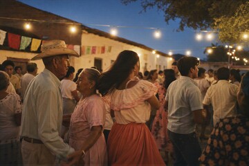 Obraz premium Group of people dancing at a traditional Mexican plaza fiesta during twilight. Elderly man in cowboy hat and woman dancing together under string lights.