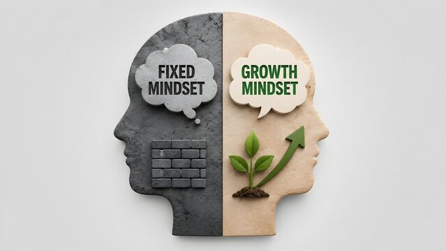 Split Stone Face Illustrating Fixed Mindset with Brick Wall Versus Growth Mindset with Growing Plant