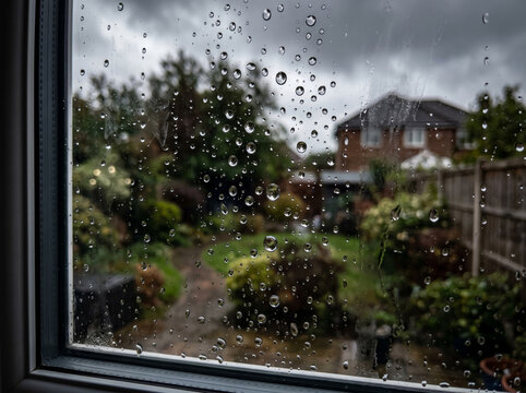 View through rain splattered window glass pane of cozy green yard rain