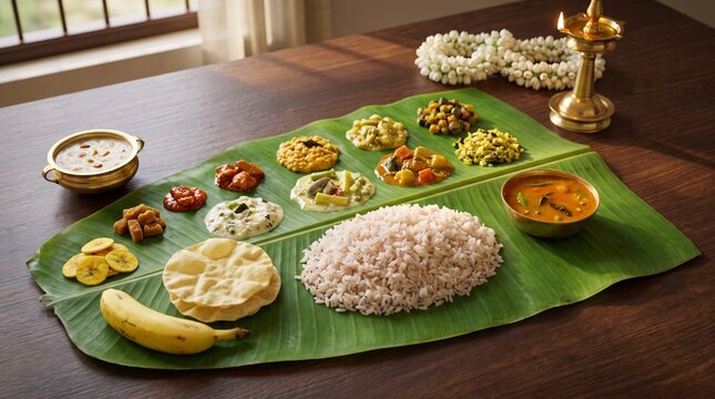 Traditional Kerala Onam sadya with authentic vegetarian dishes and festive decor