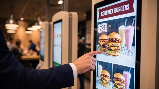 Person using a touchscreen self-service kiosk to order fast food