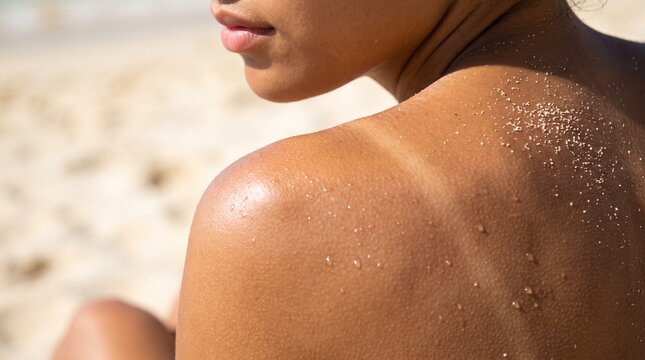 Close up of a young woman shoulder with sand on her skin