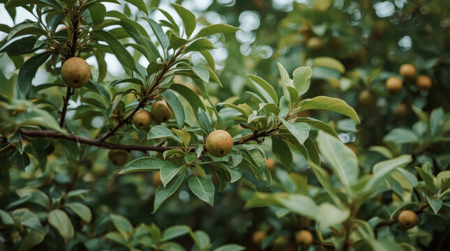 Ripe pear fruit branch green leaves natural orchard calm atmosphere