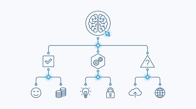 Artificial Intelligence Brain Decision Tree Flowchart Graphic for Machine Learning Workflow