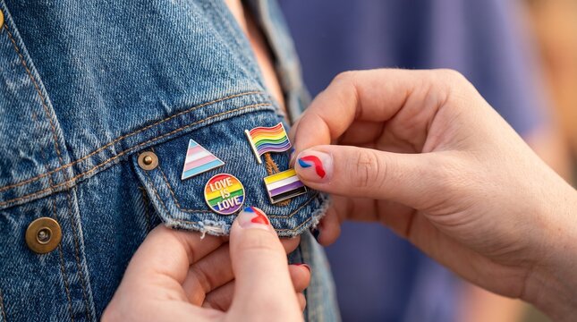 Person attaching pride flag pins onto a denim jacket