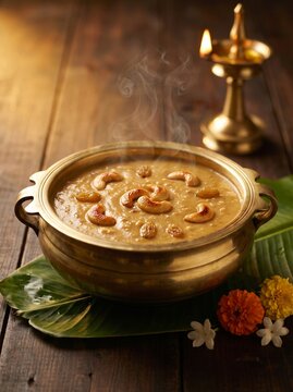 Traditional Kerala Palada Payasam in brass bowl with festive Onam decorations
