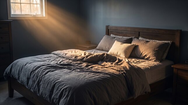 Morning sunlight illuminating a cozy rustic bedroom with a neatly made bed