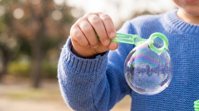 Child blowing soap bubbles outdoors in a park
