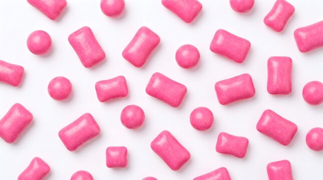 Top view of pink bubble gum and candy pieces scattered on a white background
