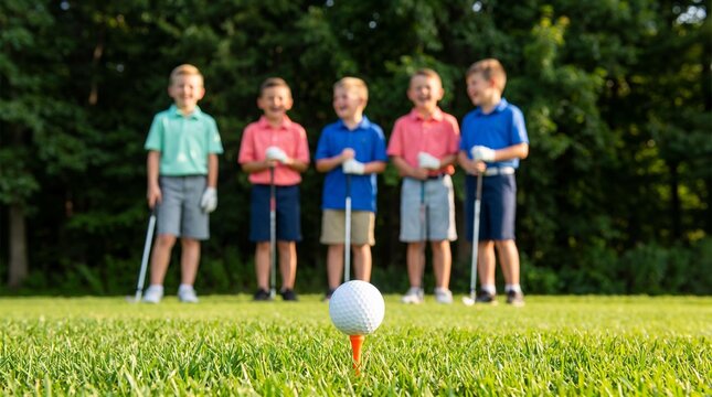 Group of young boys holding golf clubs and smiling while standing on a sunny golf course grass