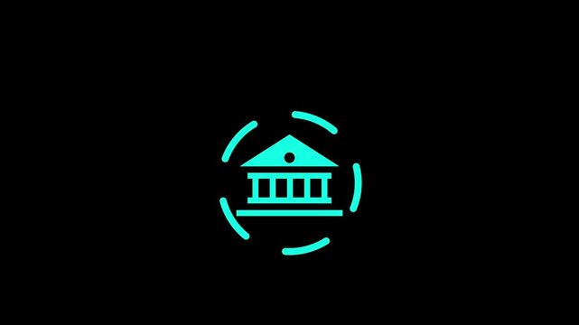 Cyan Glowing Bank Building Icon Animated with Rotating Segmented Circle Lines on Black Background video...