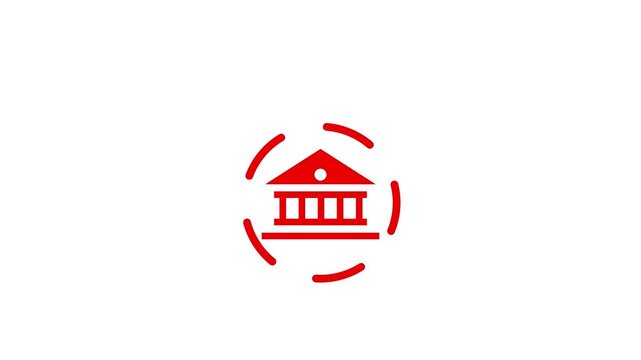 Cyan Glowing Bank Building Icon Animated with Rotating Segmented Circle Lines on Black Background video...