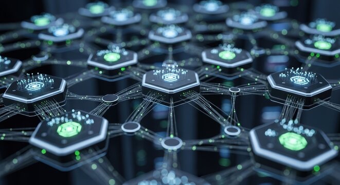Interconnected nodes and hexagonal data points representing global cloud computing web.