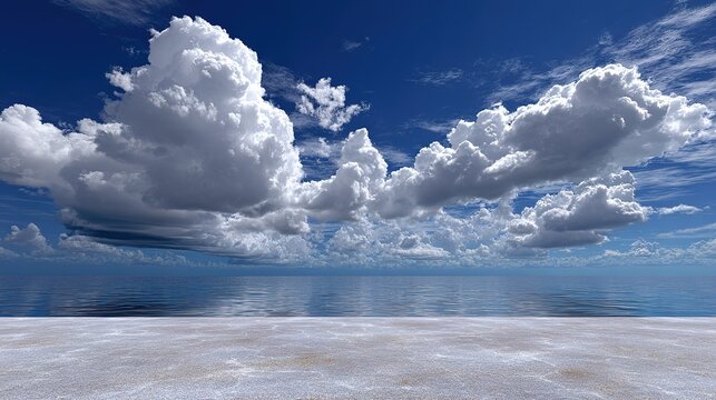 Infinite Horizon: A vast expanse of calm ocean meets a dramatic sky filled with majestic cumulus clouds, stretching towards an endless horizon, suggesting peace and boundless possibility.