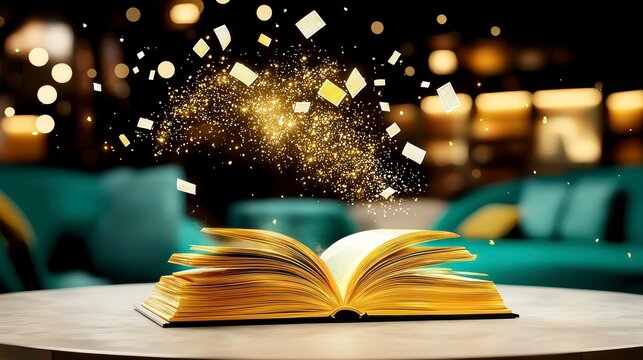 Magical Golden Book Unleashing Knowledge and Imagination with Glowing Particles