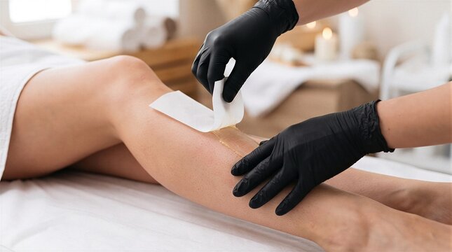 Professional aesthetician applying wax strip to client's leg for hair removal