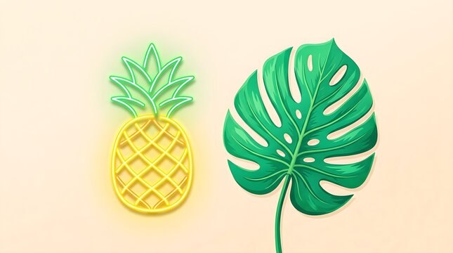 Neon Pineapple and Monstera Leaf Tropical Summer Vibe Design