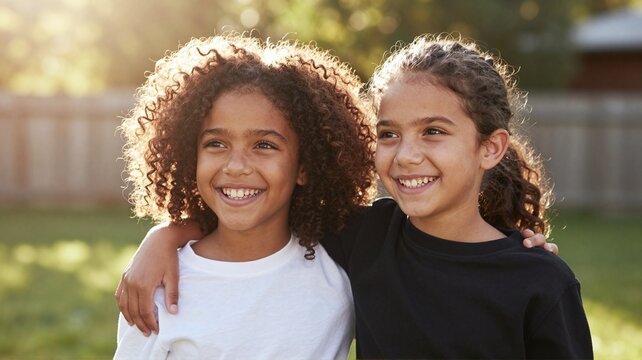 Two happy young girls with arms around each other enjoying a sunny day at summer camp
