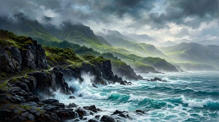 Fototapeta premium Dramatic Cliffside Coastline with Turquoise Waves and Hazy Green Mountains Under a Cloudy Sky