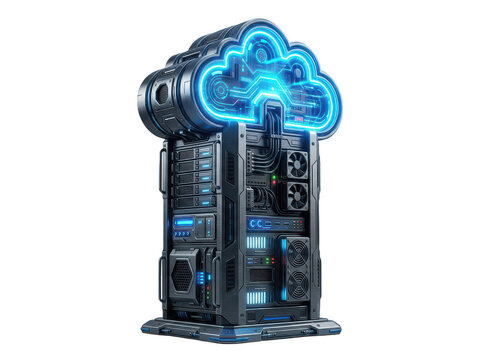 Cloud computing server tower. Digital data storage hardware with glowing blue neon icon.