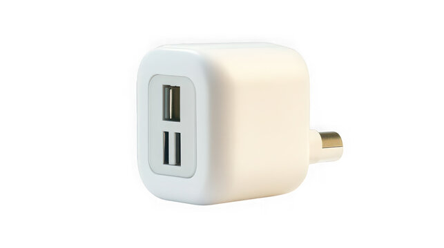 White dual port wall charger plug with isolated transparent electricity on transparent background