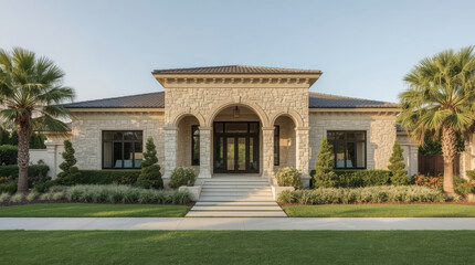 Obraz premium Luxury contemporary residence exterior with stone facade, arched entry and landscaped lawn
