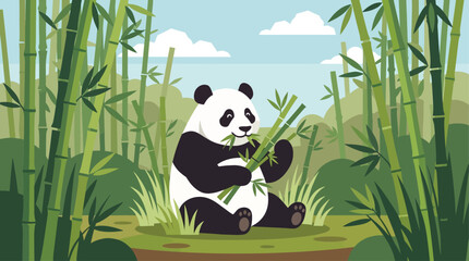 A flat vector illustration featuring a cute giant panda sitting peacefully while eating fresh bamboo stalks inside a lush green forest © tayyab