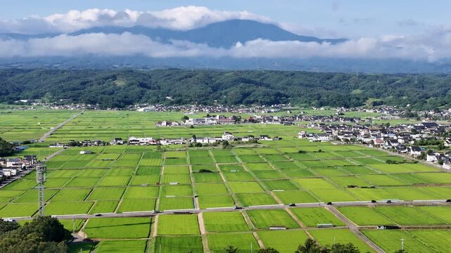Green rice paddies stretch wide below rolling hills. Clouds drift over distant mountains, soft and slow. Village rooftops peek between rows of crops. No people appear, so emotions remain unseen