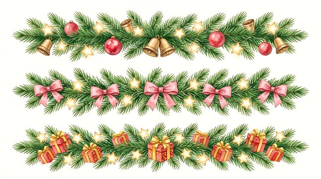 Three watercolor garland borders with pine branches, red ornaments, gold bells, pink bows, and wrapped gift boxes on white background
