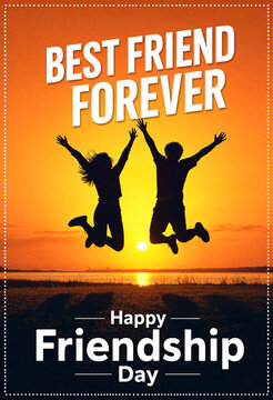 Happy friendship day celebration with best friends jumping at sunset together in joyful moment