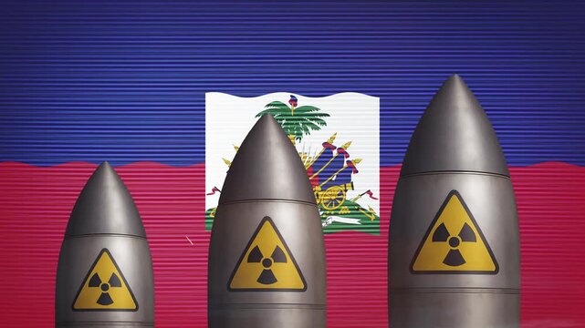 Haiti Flag Waving Behind Rising Nuclear Missiles War Threat Military Power Concept