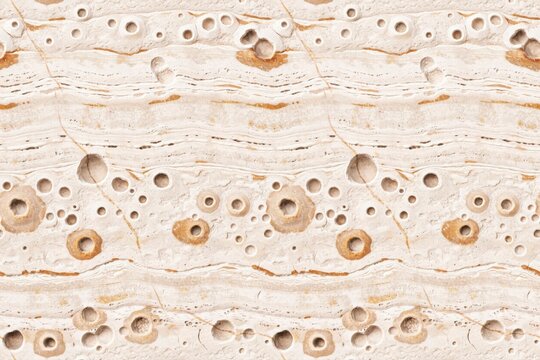 Beige travertine stone surface with circular pitted holes and horizontal layered mineral veins forming a seamless natural rock wall texture