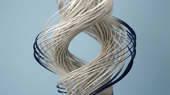 Abstract Swirling Ribbons Forming a Double Helix Shape Against a Light Blue Background image photo