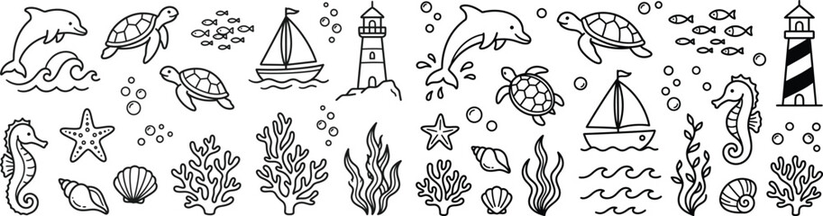 Obraz premium Marine ocean sea nautical vector illustration outline line set collection elements doodle sketch drawing dolphin turtle boat lighthouse seahorse starfish