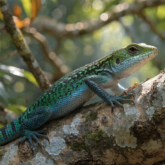 Obraz premium Vibrant green lizard basking on sunlit rock. Exotic reptile with intricate scales in natural habitat.