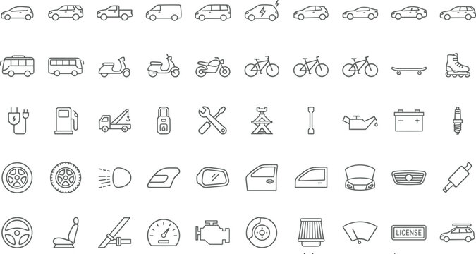 Comprehensive transportation vehicle types and auto repair garage service line icons set for car maintenance and logistics tracking.