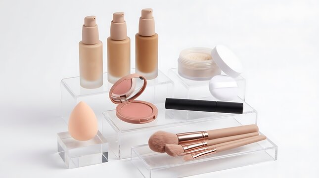 Set of liquid foundation bottles makeup brushes and powder compact on clear acrylic display stands. beginner makeup guide