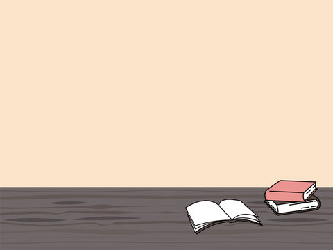 Open notebook and books on wooden table background illustration