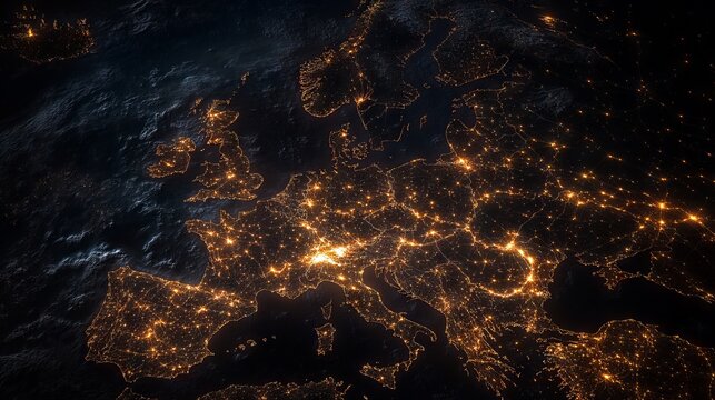 Satellite. Europe. Night Lights. Cities. Map.