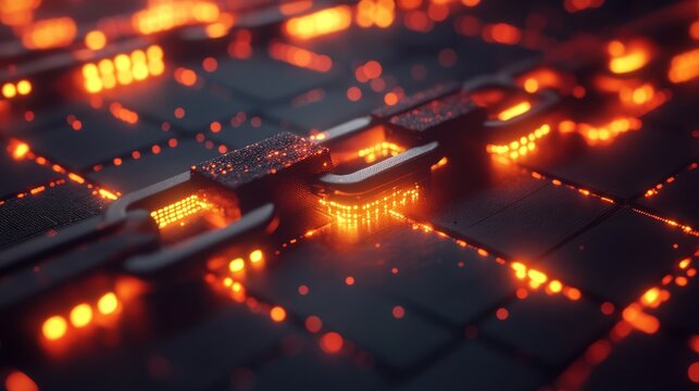 Digital Art. Blockchain. Neon Patterns, Technology, Security.