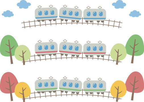 Autumn train trip scenic background with three types of trains