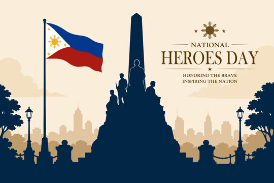 National Heroes Day Philippines illustration with Philippine flag, Rizal Monument silhouette, and city skyline in flat vector style, honoring courage, patriotism, and national heritage.