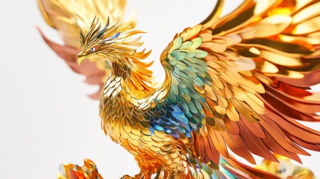 Sculpture. Phoenix. Colorful Metallic Feathers.