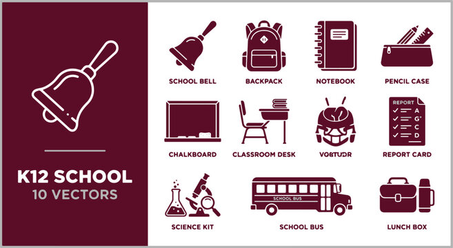 Comprehensive Collection of Flat Vector School Supplies and Education Icons for K-12 Learning